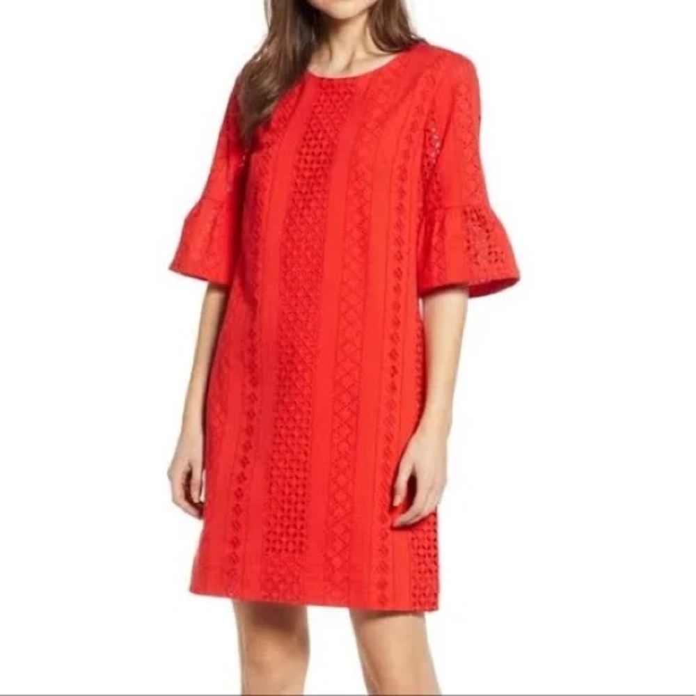 J. Crew Flutter Sleeve Eyelet Shift Dress in Red